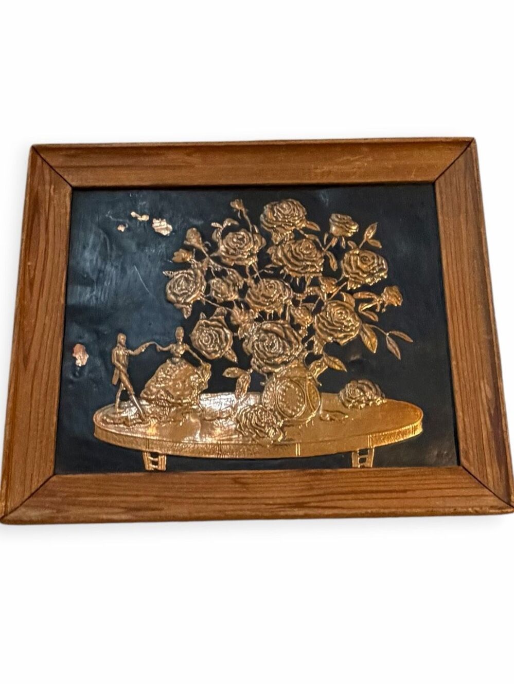 VINTAGE Gold Rose Floral Relief Wall Plaque Black Wood Frame MCM Hollywood Regen